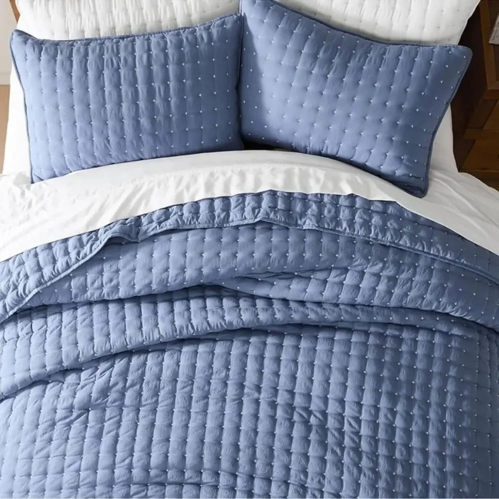 🆕 PB Style Queen Denim Blue Quilt Coverlet 3 Piece Pick Stitch Tufted Bed Set